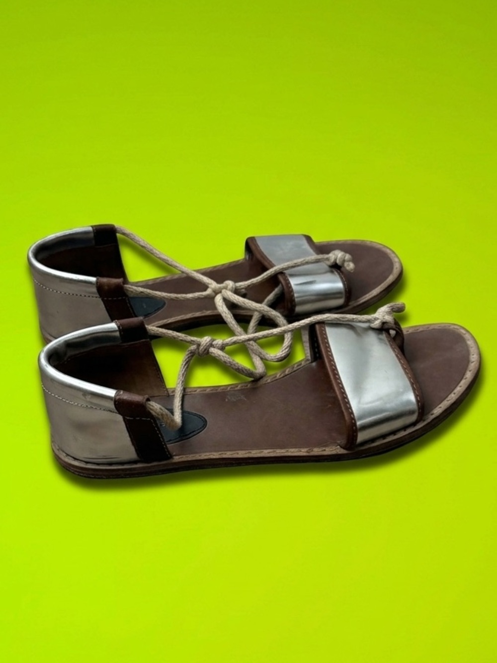 Marni Silver and Brown Leather Lace-Up Sandals